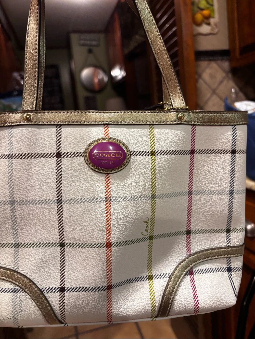 Vintage Y2K Coach White Plaid Tote with Purple Logo and Gold Trim